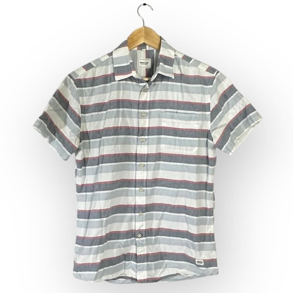 Frank & Oak Button Down Shirt Men Small White Gray Striped Short Sleeve Collared
